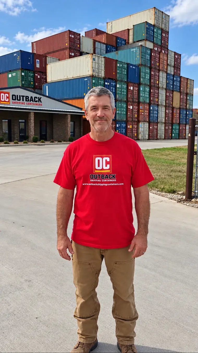 Donna J. Graham of Outback Shipping Containers standing in front of stacked shipping containers at the Outback yard office