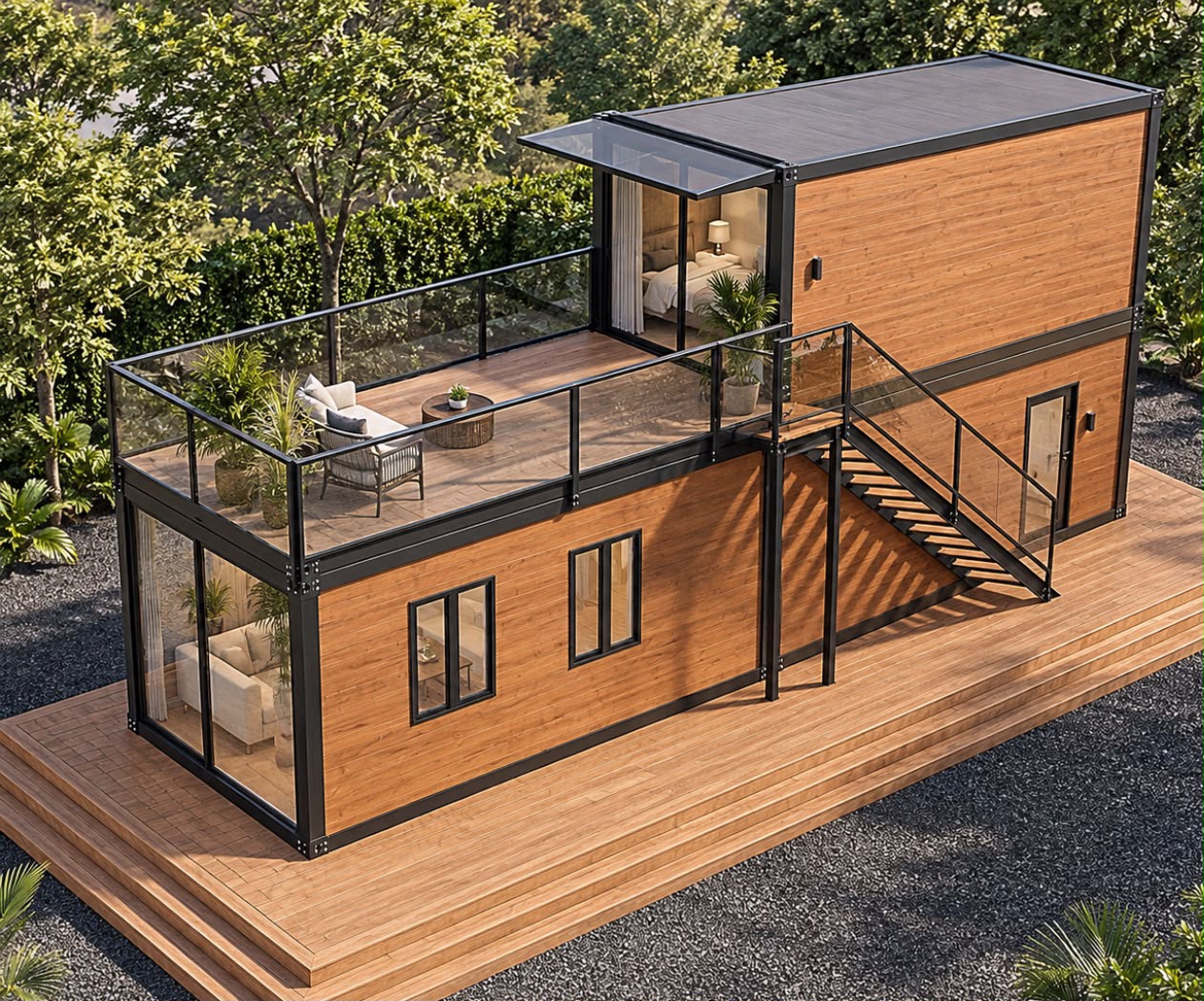 1BHK duplex container home with rooftop deck — Elevated exterior view showing the rooftop deck and exterior staircase
