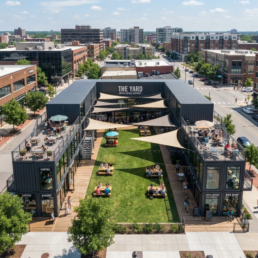 Stockbridge Container Park hero — 8-container micro-retail district with courtyard