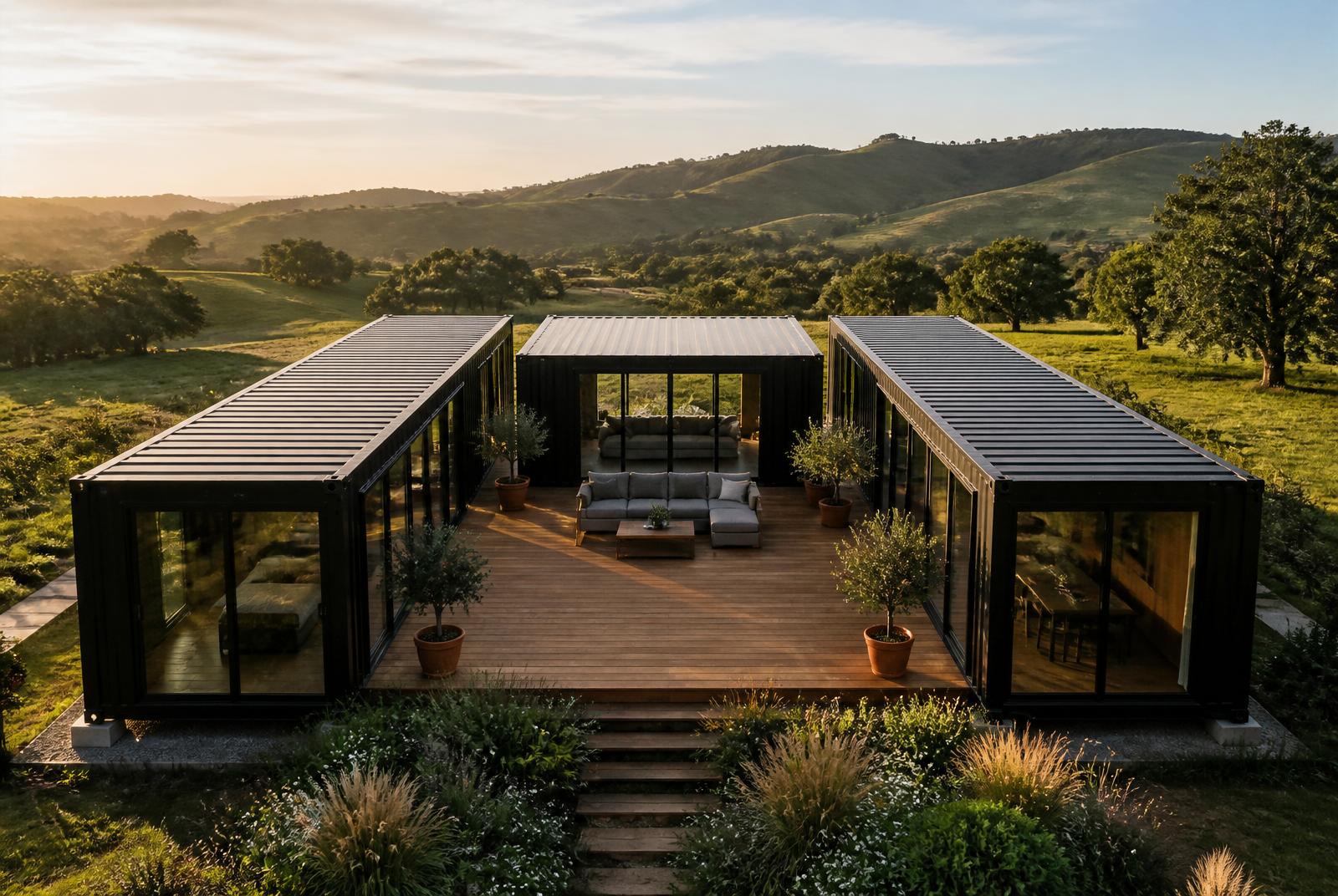 Trinity U-shape container home — aerial view of two 40ft and one 20ft containers around a central wood deck at golden hour