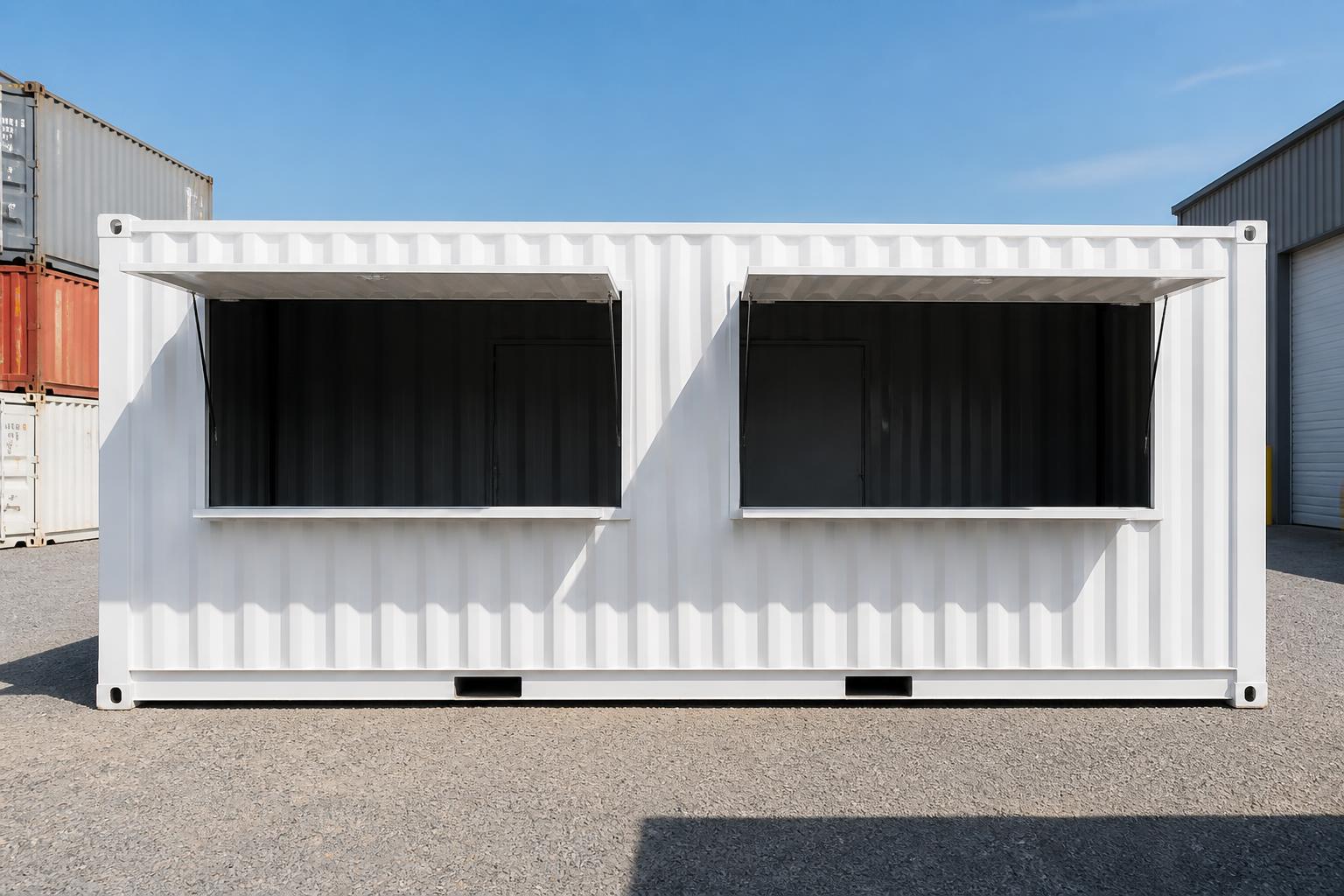 White 20ft concession kiosk container with two large fold-up serving hatches propped open as awnings