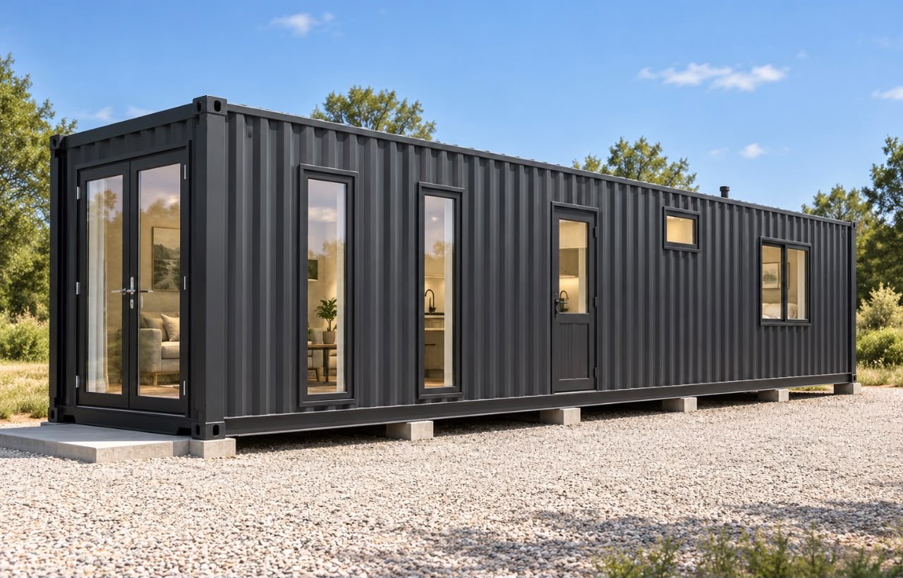40ft Charcoal Haven One-Bedroom Container Home — Front three-quarter exterior with glazed end entry and long-side openings