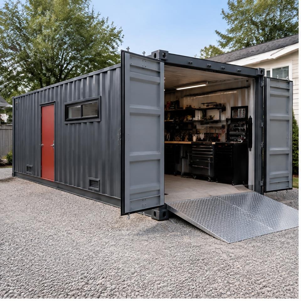 Outback Forge 20 Insulated Workshop Garage — front three-quarter exterior showing the catalog configuration