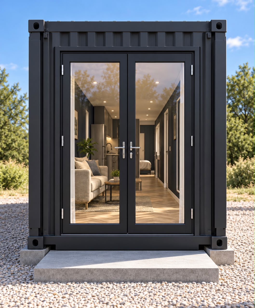 40ft Charcoal Haven One-Bedroom Container Home | Double glazed end entry opening into the lounge 40ft Charcoal Haven One-Bedroom Container Home — Double glazed end entry opening into the lounge