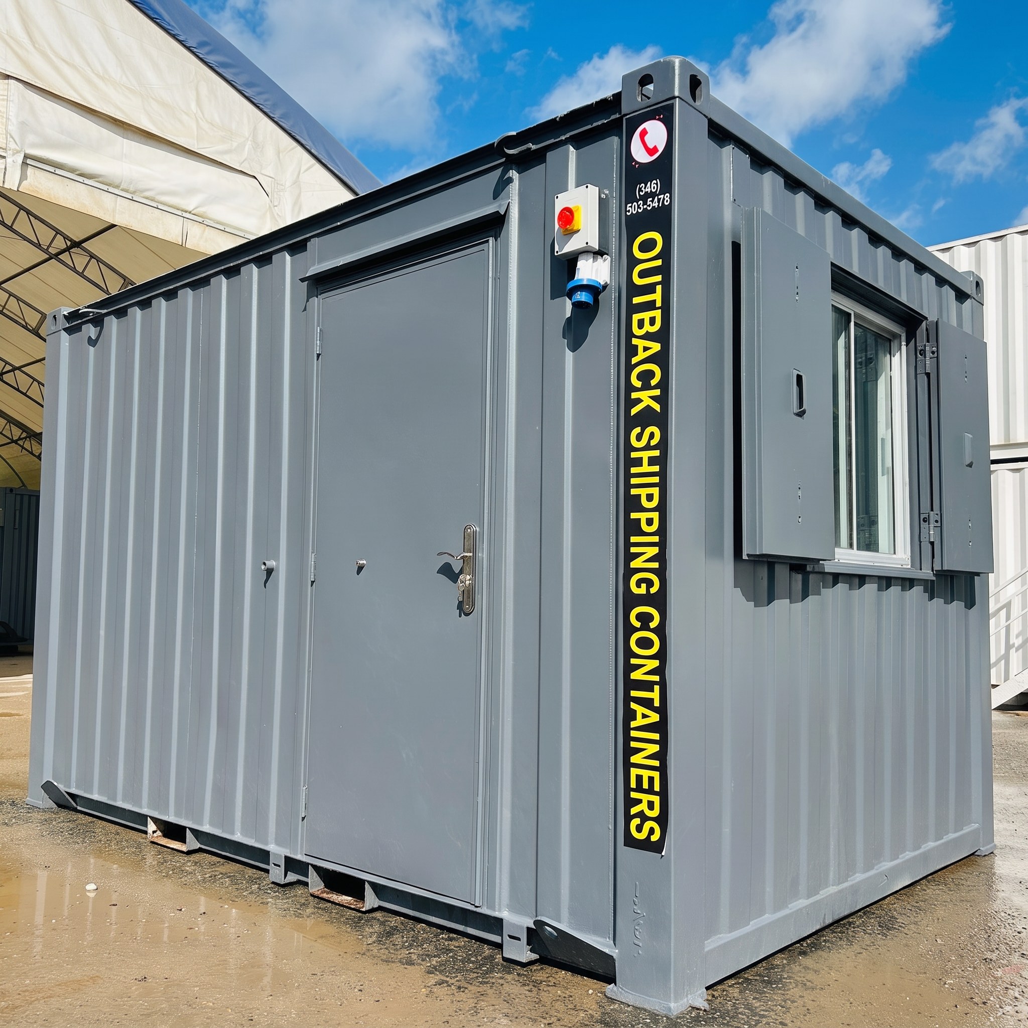 12x8 anti-vandal portable building in grey with secure steel door and window shutters for site office or canteen use