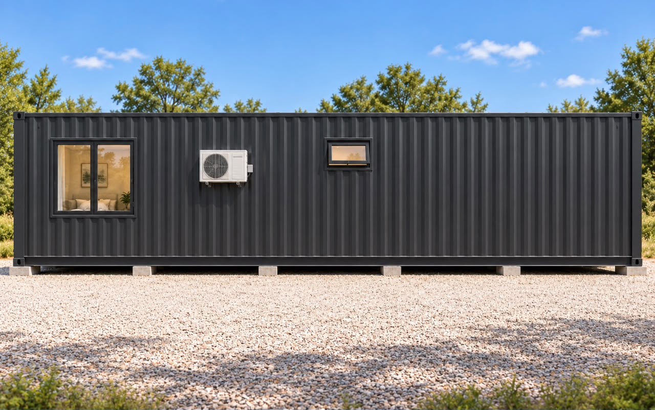 40ft Charcoal Haven One-Bedroom Container Home | Secondary long-side elevation with high-level window and condenser 40ft Charcoal Haven One-Bedroom Container Home — Secondary long-side elevation with high-level window and condenser