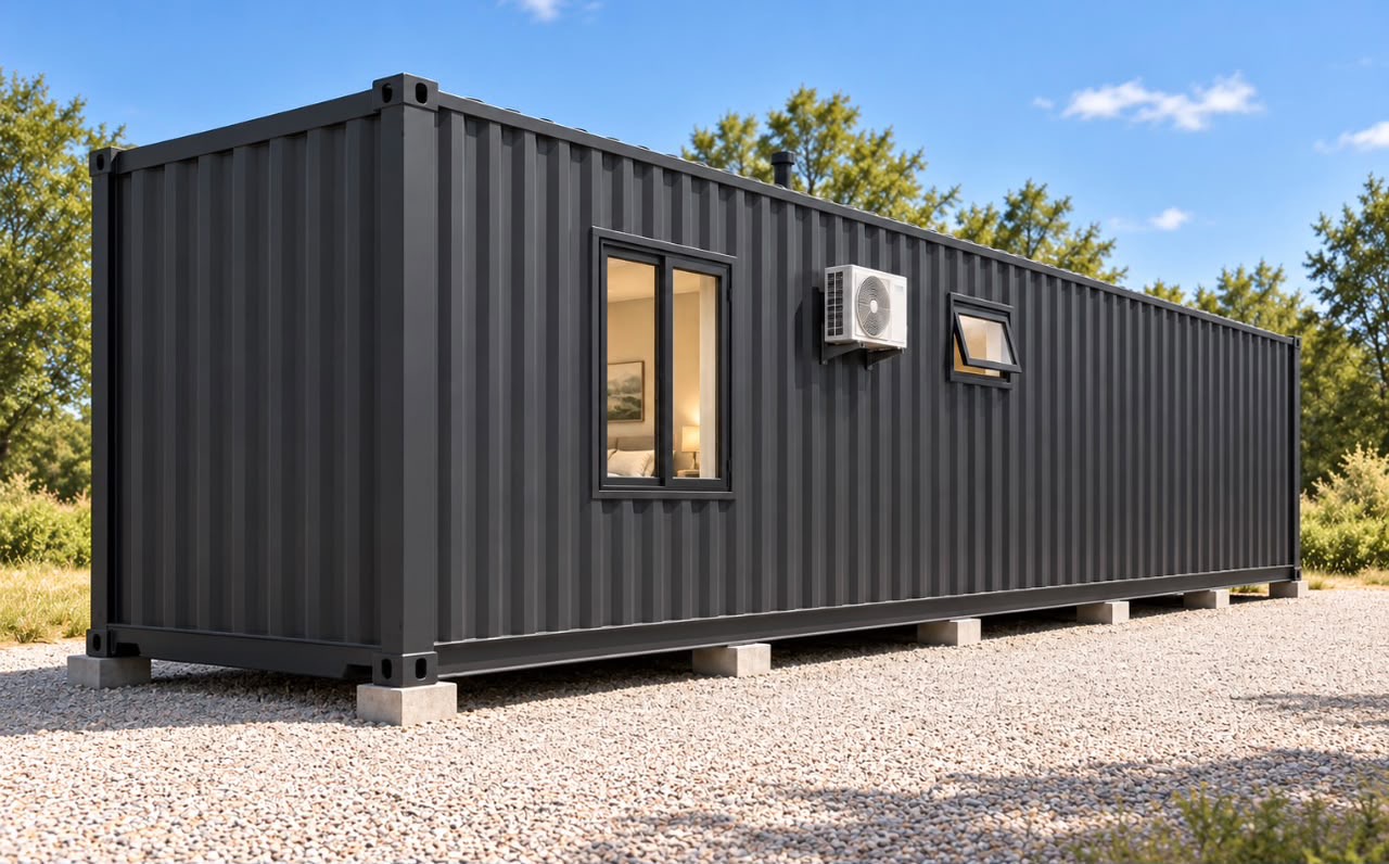 40ft Charcoal Haven One-Bedroom Container Home | Secondary-side three-quarter exterior with condenser and rear bedroom window 40ft Charcoal Haven One-Bedroom Container Home — Secondary-side three-quarter exterior with condenser and rear bedroom window