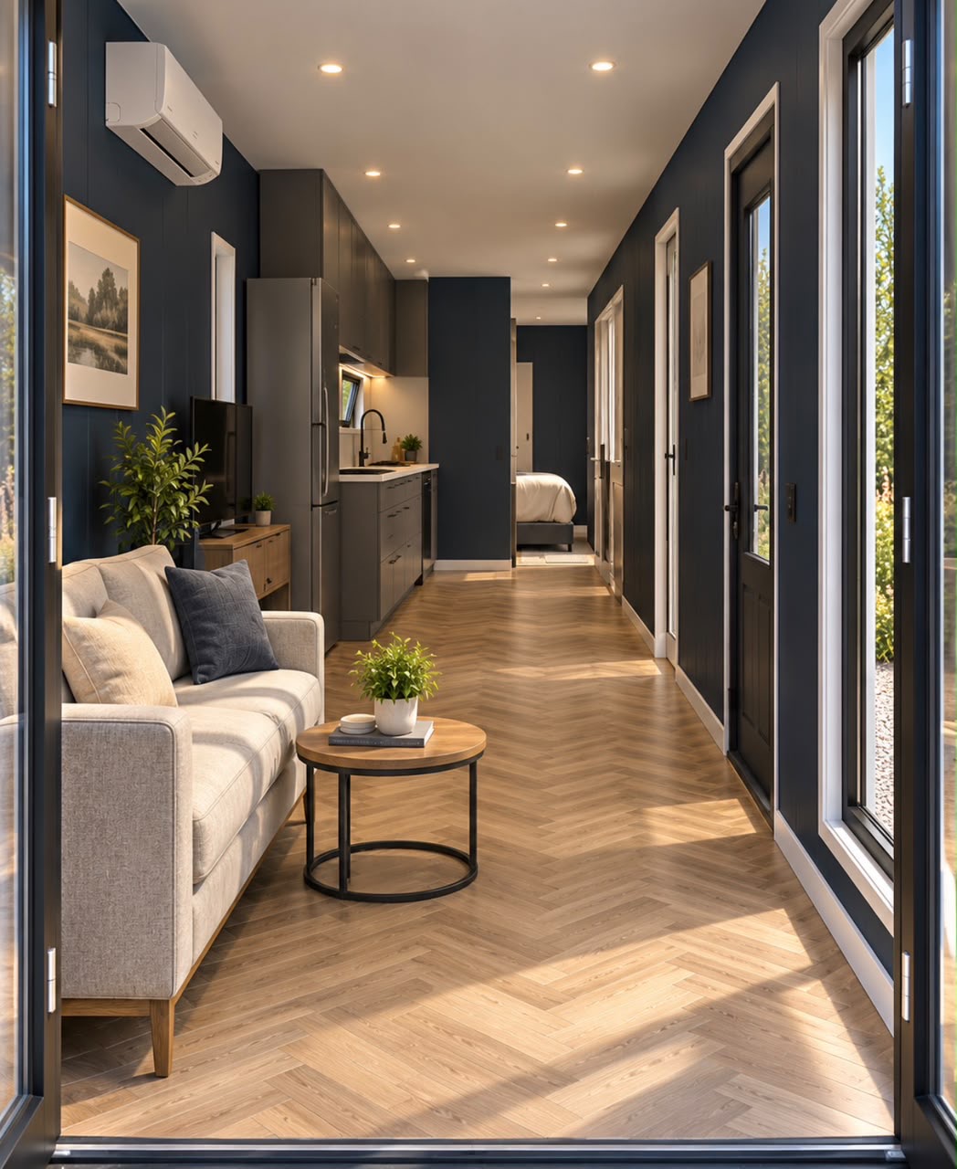 40ft Charcoal Haven One-Bedroom Container Home | Lounge looking through the galley kitchen toward the rear bedroom 40ft Charcoal Haven One-Bedroom Container Home — Lounge looking through the galley kitchen toward the rear bedroom