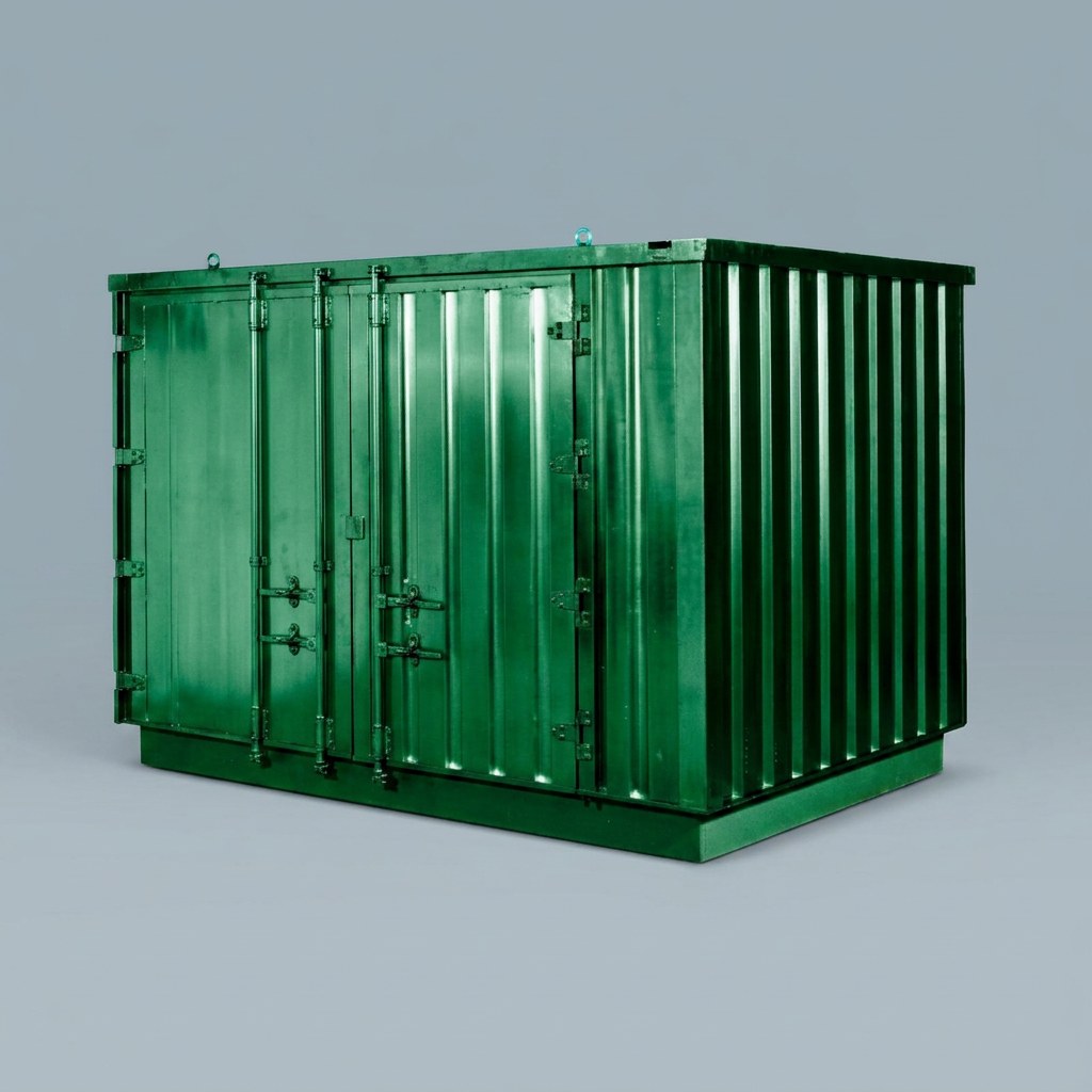 Green corrugated steel panel for flat packed storage container on a plain white studio background