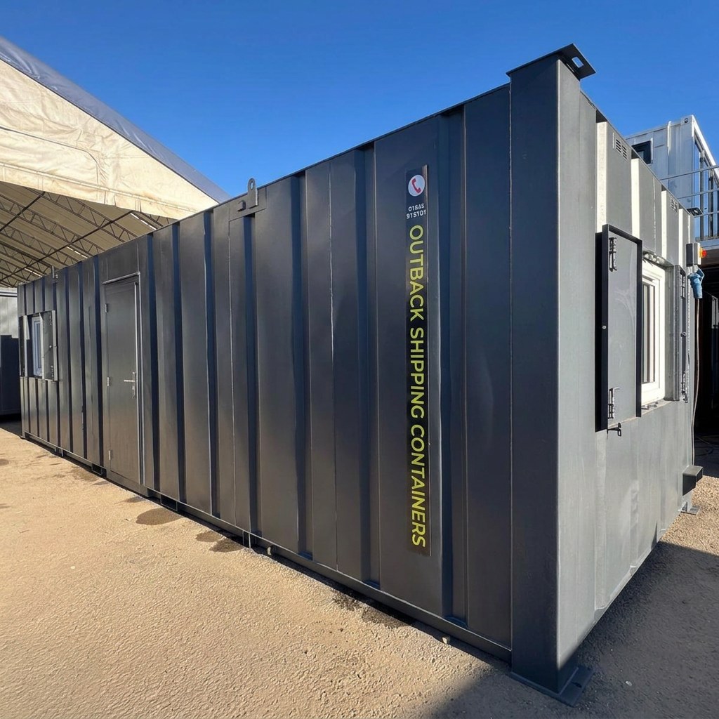 Refurbished 32ft anti-vandal portable office cabin in dark gray steel with secure door and windows under a blue sky