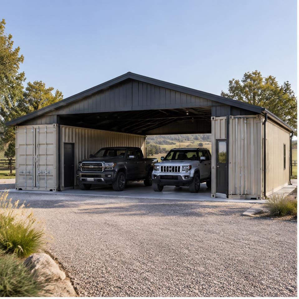 Outback RanchSpan 40 Twin-Bay Garage System — front three-quarter exterior showing the catalog configuration