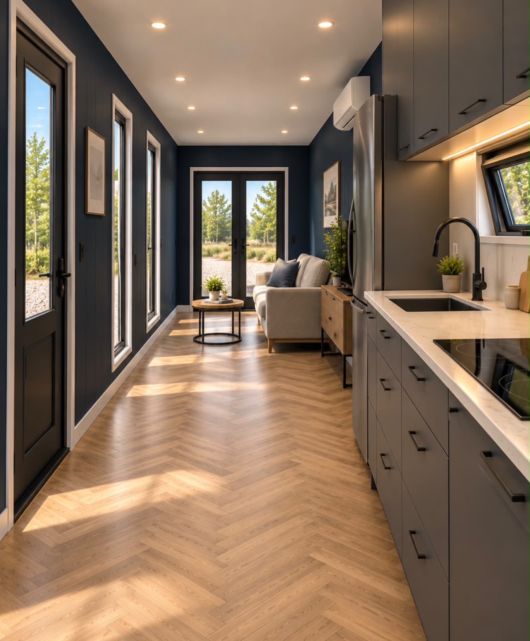 40ft Charcoal Haven One-Bedroom Container Home | Galley kitchen looking back toward the lounge and glazed entry 40ft Charcoal Haven One-Bedroom Container Home — Galley kitchen looking back toward the lounge and glazed entry