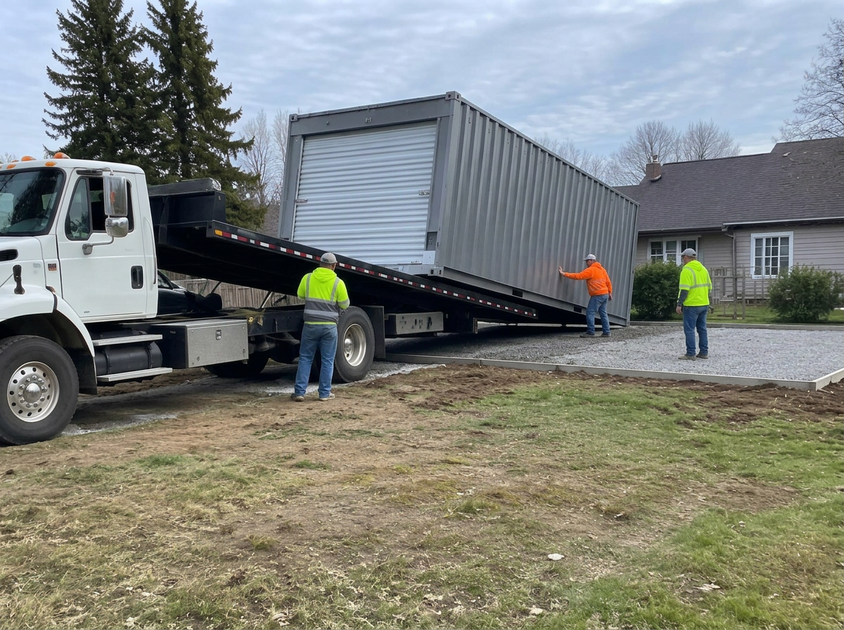 Tilt-bed truck delivering a grey shipping container garage onto a prepared gravel pad at a home