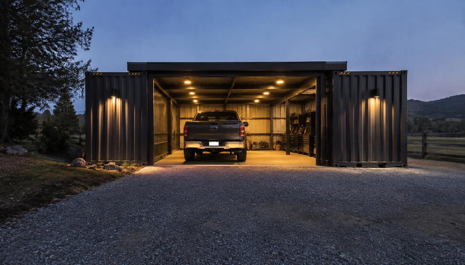 Shipping container garage by Outback Shipping Containers Two-bay shipping container garage with steel roof span and pickup truck parked inside at dusk